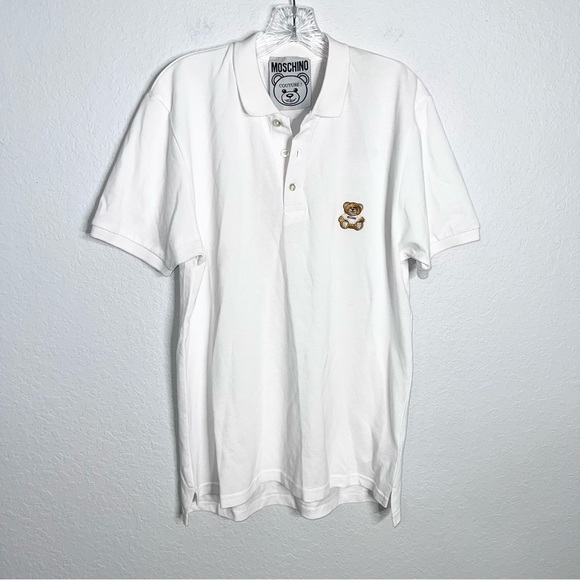 Moschino Shirt Men Medium (IT 48) Polo White Teddy Bear Logo Collared Cotton B17 - Picture 1 of 9